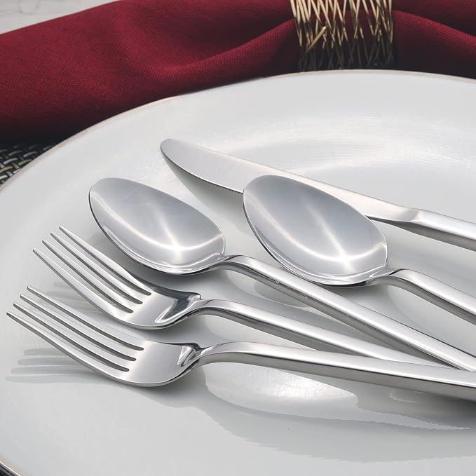 Alata Cube 65-Piece Forged Stainless Steel Flatware Set Cutlery Set with Utensil-Serving Set Silverware Set Service for 12 Mirror Finish Dishwasher Safe