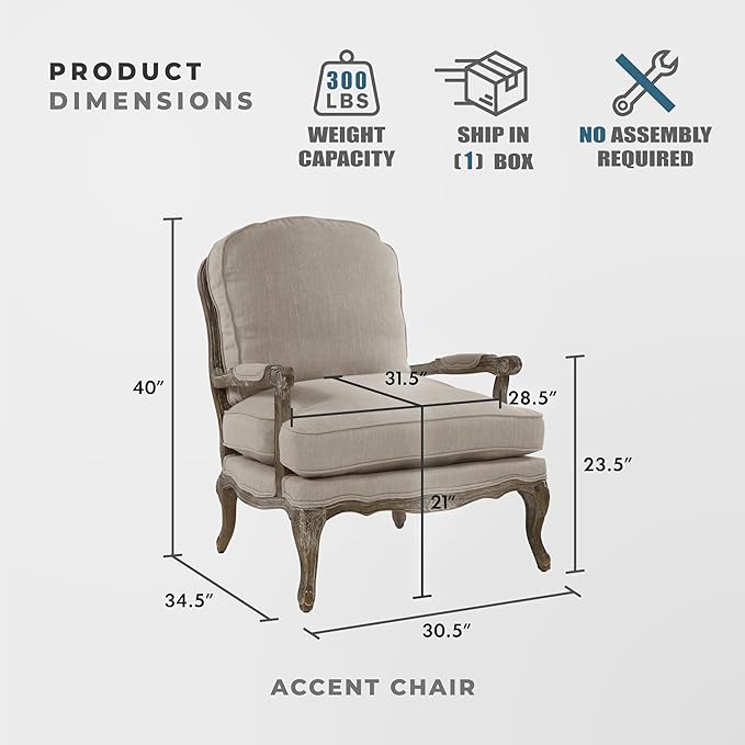 Lexicon Oak Distressed Solid Wood Accent Chair with Feather Down Seating Natural Linen Fabric Padded Armchair for Living Room Bedroom Reading Room or Sunroom Neutral