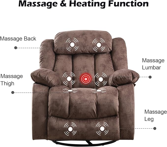 CANMOV Massage Rocker Recliner with Heat and Vibration 360 Degree Swivel Manual Antiskid Fabric Single Sofa Heavy Duty Reclining Chair for Living Room Dark Brown