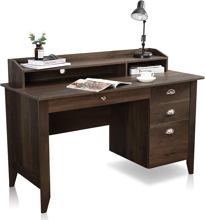 Festival Depot 53 Home Office Desk Writing Computer Desk Vintage Wood Style Laptop Table with Hutch and Sliding Track Drawers for Study Bedroom Workstation