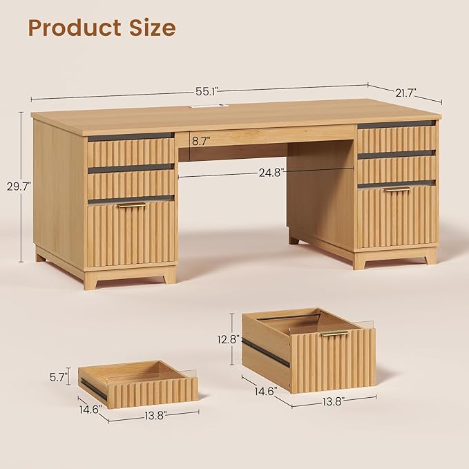 SEDETA 55.1 Fluted Office Desk with 6 Drawers Modern Executive Desk with Acrylic File Drawers Computer Desk with Power outlets for Home Office and Study Natrual