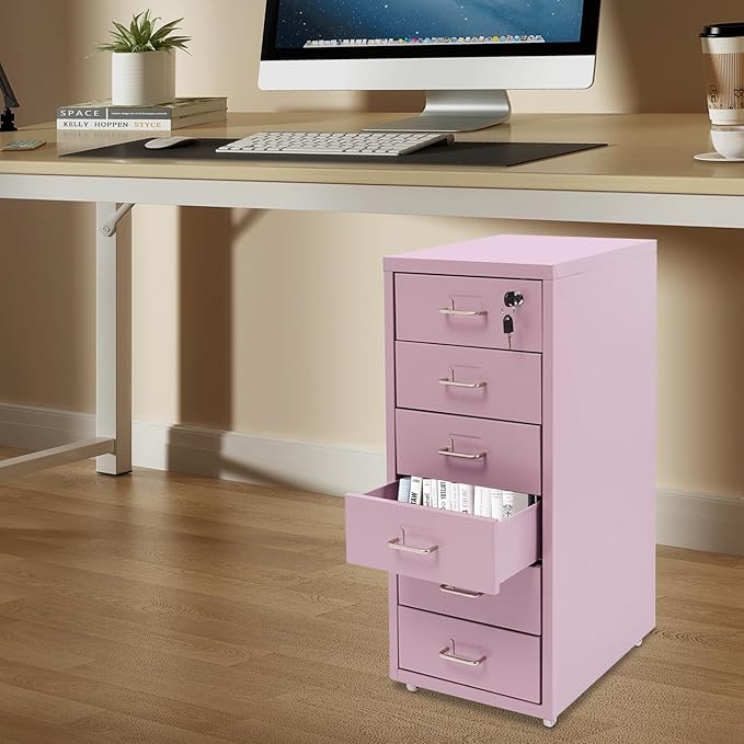 6 Drawer Filing Cabinets with Lock Metal Vertical File Storage CabinetMoblie Office File Cabinet with WheelsRolling Metal Filing Storage CabinetsLocking File Cabinet for for Home Office (Purple)