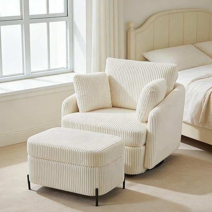 Chifee &amp Vingol 40.6 Oversized Swivel Accent Chair with OttomanCorduroyIvory