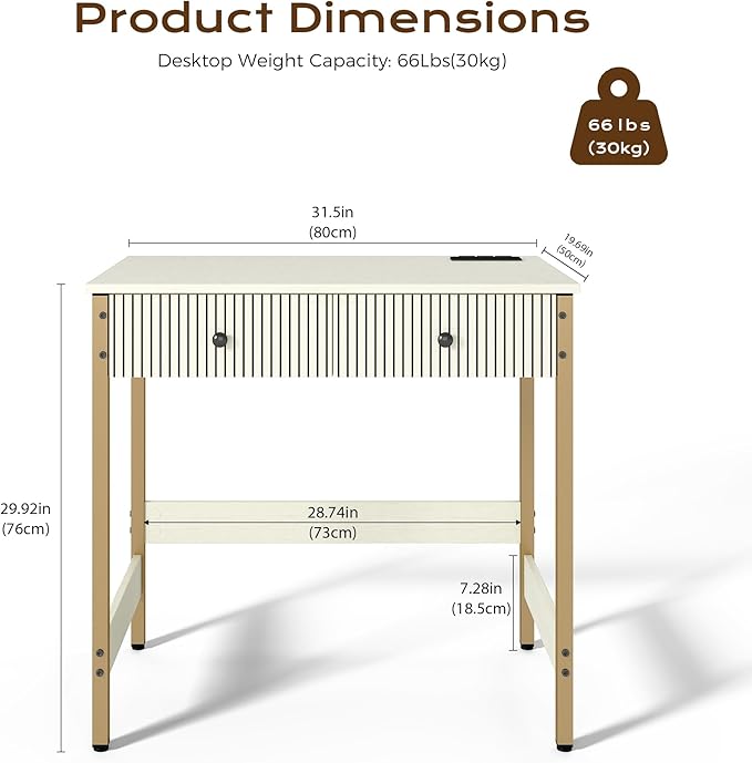 Manora 31.5” Computer Desk with Power Outlets and USB Ports Modern Writing Desk with Fluted Drawer Front Small Study Table with Storage Drawers for Home Office Bedroom Vanity Use White and Gold