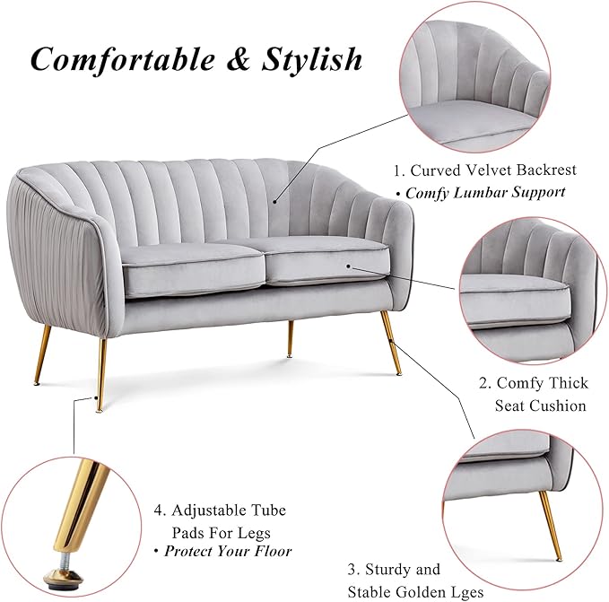 Artechworks Contemporary Tufted Velvet Tub Barrel Loveseat Sofa Chair Upholstered Couch with Golden Metal Legs Club Two-Seat Sofa for Living Reading Room Bedroom Apartment Small Space Dorm Grey
