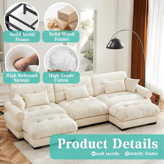 SoarFlash Sectional Sofa Couch U Shaped Modern Sofa with Solid Wood Legs Couches Sofas for Living Room Apartment Comfortable Small Couches for Apartment Beige