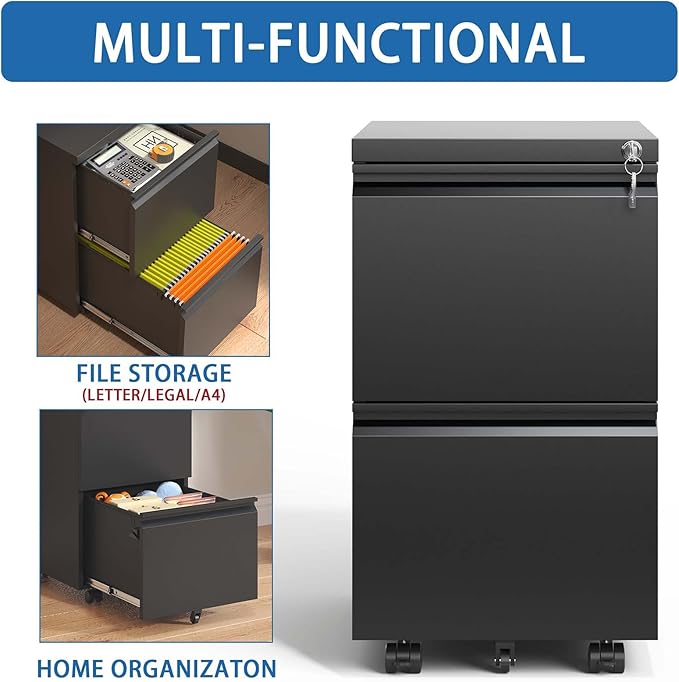 2 Drawer Mobile File Cabinet Rolling Vertical Metal Filing Cabinet with Lock for Home Office A4/Letter/Legal Size Folder Fully Assembled Except Wheels Black