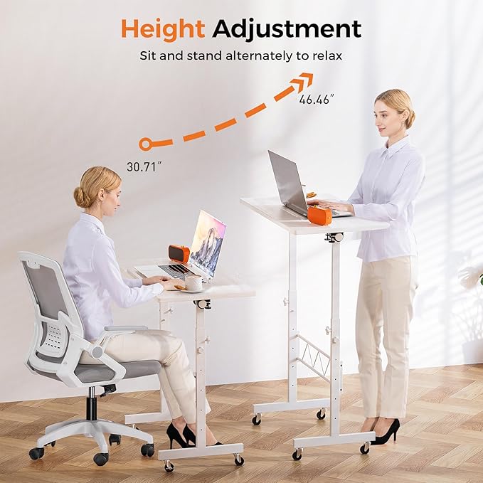 COMHOMA Small Standing Desk Adjustable Height &amp Tiltable Tabletop Mobile Stand Up Desk for Laptop Portable Computer Table for Home Office Work and Walking Pad Treadmill Height 30.7-46.4 Whit