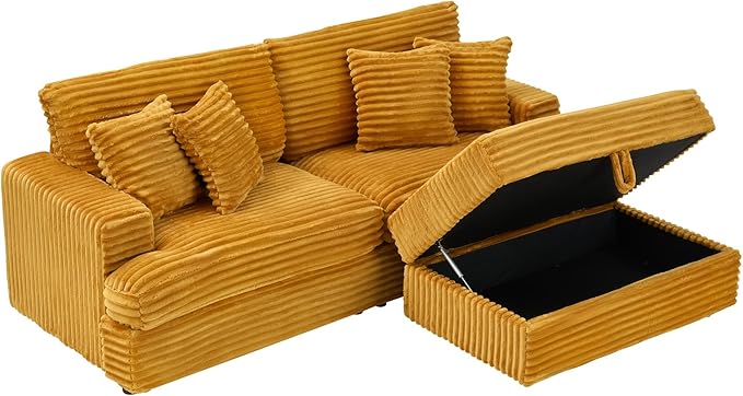 82 Inches Corduroy Square Arms Loveseat Sofa with One Storage Ottoman Comfy Deep Seat Modular Sectional Futon Couch with 4 Throw Pillows for Living Room Bedroom Office (Orange)