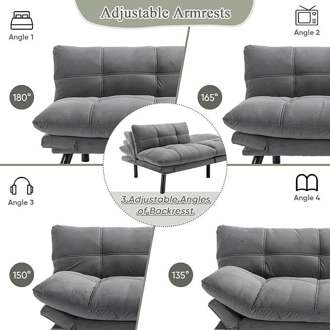 Convertible Velvet Futon Sofa Bed Comfy 72 L Sleeper Couch with Thicker Cushion Upholstered Modern Reclining Loveseat Folding Sofa for Small Living Room Dorm Apartment Office Light Gray