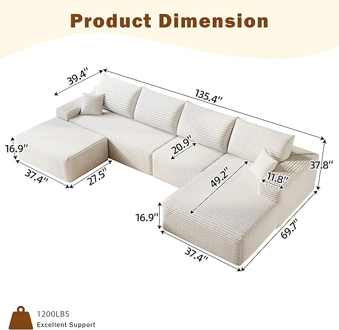 135 Corduroy Boneless Sectional Couch with Chaise &amp Ottoman No Assembly Required U Shaped Modular Sectional Sofa Boneless Couches for Living Room (White 4 Seater+Right Facing Chaise+Ottoman)