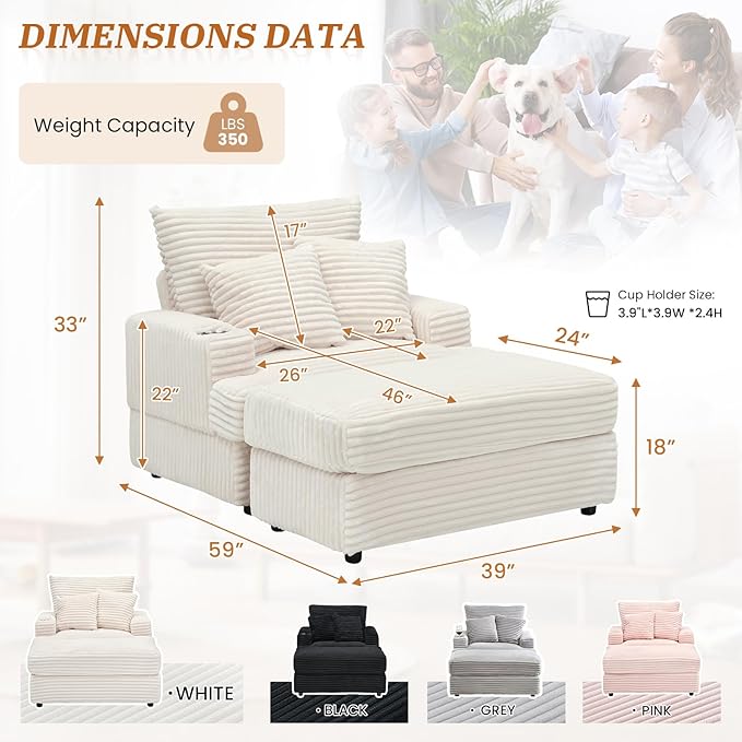 Chaise Lounge Chair Indoor 39 W Plush Corduroy Oversized Chair with Ottoman Upholstered Cozy Chaise with Cup Holder Modern Deep Seat Comfy Sofa Armchair for Living Room Bedroom(White)
