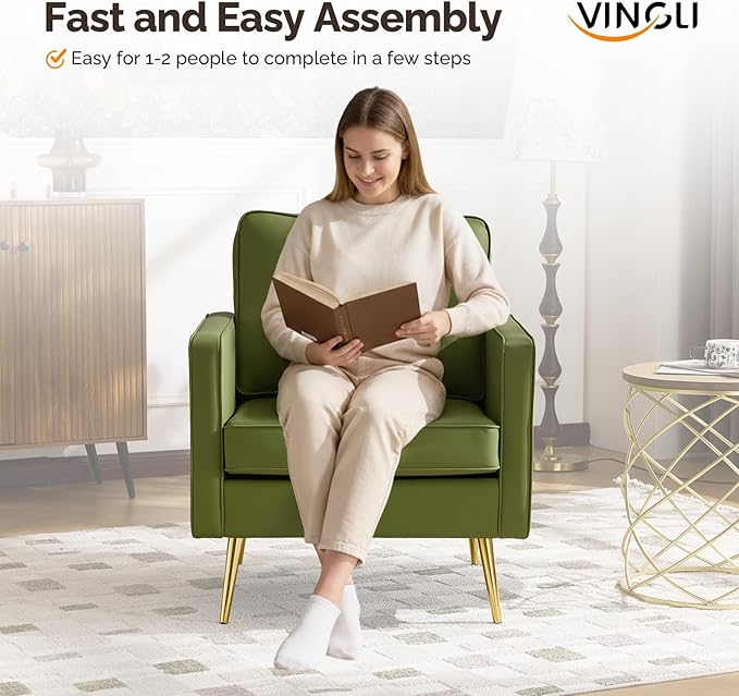 VINGLI Modern PU Leather Accent Chair Single Sofa Chair with Pocket Coil Seat Metal Backrest &amp Solid Wood Frame Upholstered Armchair for Living Room Bedroom or Office
