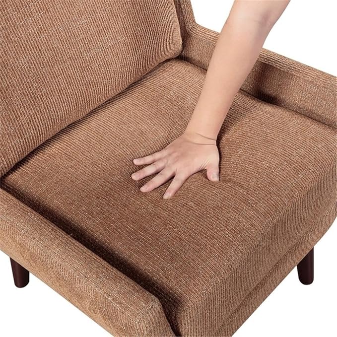 Pemberly Row Contemporary Chenille Accent Chair Orange Finish Soft Upholstery Reversible Cushions Espresso Wood Legs High-Density Foam Padding Durable Seating for Living Room or Bedroom