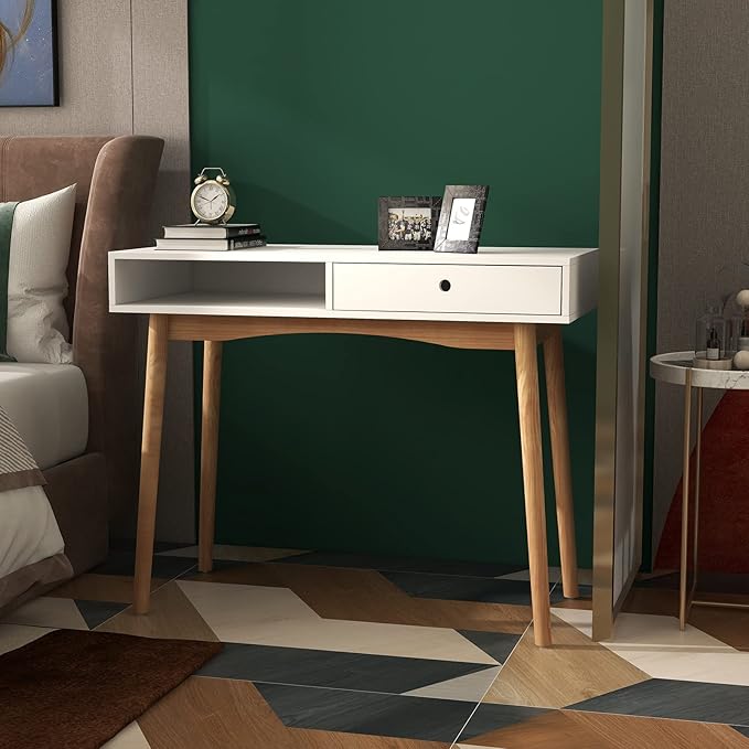 Home Office Desk Computer Desk with Storage Drawers Laptop PC Workstation with Storage Compartment Writing Study Desk with Solid Wood Legs for Home Office Bedroom Study Living Room