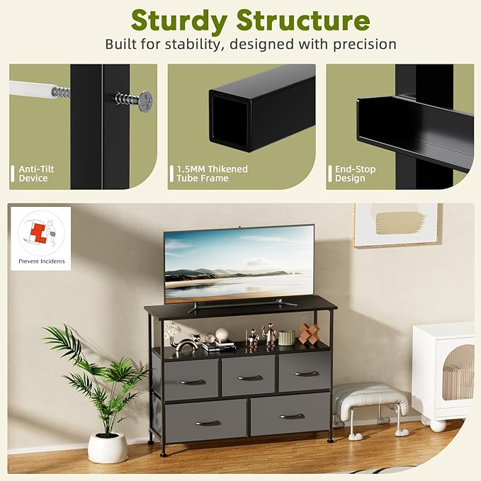 Simple Deluxe TV Stand Dresser for Bedroom Entertainment Center with 5 Fabric Drawers Storage Organizers Units for Living Room Media Console Table with Open Shelf up for 45 TV Gray Wood top