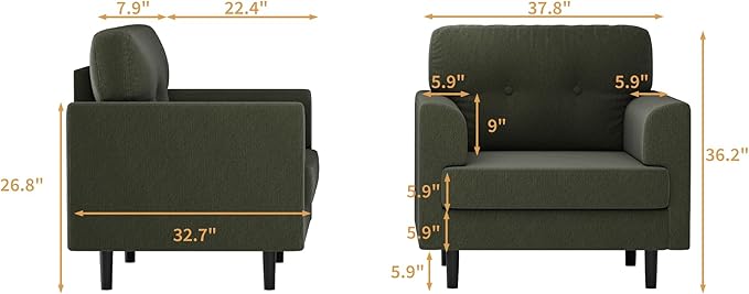 38 Modern Single Sofa Linen Upholstered Armrest Accent Chair with High-Density Foam &amp Fixed ArmrestsComfortable Armchair Upholstered Reading Chair for Living Room Bedroom &amp OfficeGreen