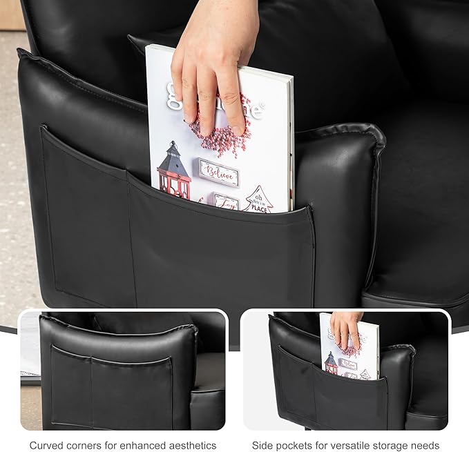 Glitzhome Mid-Century Modern Accent Chair for Living Room Black Leatherette Armchair with Golden Metal Legs and Side Pocket Oversized Single Sofa Reading Chair with Soft Seat Cushion