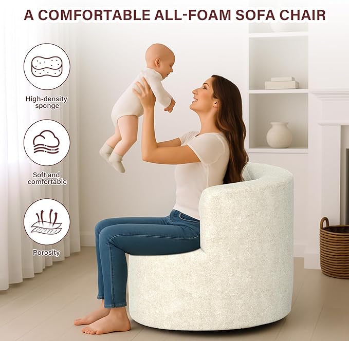 Swivel Accent Chair 360°Soft Accent Chairs Chenille Upholstered Living Room Chairs with Pillow and Curved Backrest No Assembly Arm Chair for Living Room/Bedroom/Office (White)