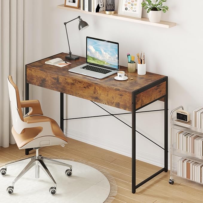 Giantex Computer Desk with 2 Drawers 44 Inch Home Office Desk with Anti-Toppling Device &amp Metal Frame Compact Laptop PC Table Vanity Table Modern Study Writing Desk for Small Spaces (Rustic Br