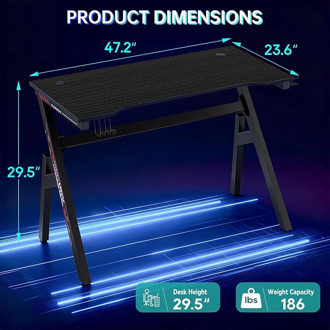 Dkelincs 47 inch Gaming Desk Computer Desk Office Desk Extra Large Carbon Fiber Surface with Cup Holder and Headphone Hook Black Red Workstation for Gamers and Home Office (red)