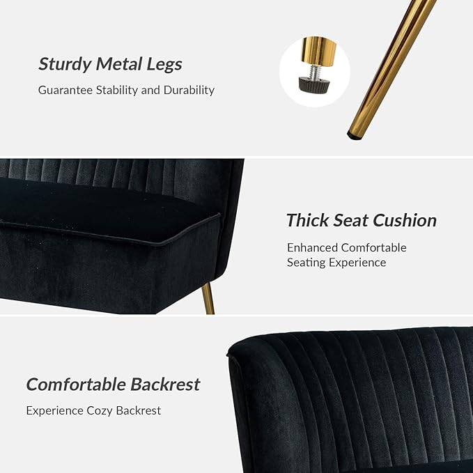 HULALA HOME Velvet Loveseat Sofa with Gold Legs Mid-Century Modern Upholstered Love seat Couch Tufted Small 2-Seat Sofa Armless for Living Room Bedroom Apartment Small Spaces Black