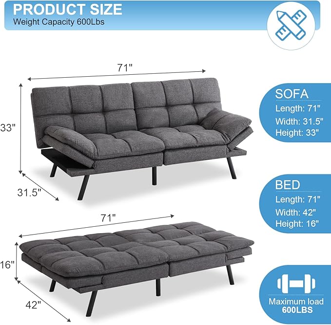 MUUEGM Futon Sofa Bed Couch Sofa Memory Foam Futon Sleeper Sofa Loveseat Convertible Couch Bed for Small Compact Spaces Apartment Dark Grey.