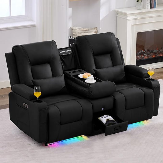 IPKIG Power Recliner Loveseat with Console Zero Wall Hugger Sofa Couch Faux Leather 2-Seater Sofa with LED Lights AC Outlets USB Ports Cup Holders Charcoal Black | Storage Drawer Bluetooth Spea