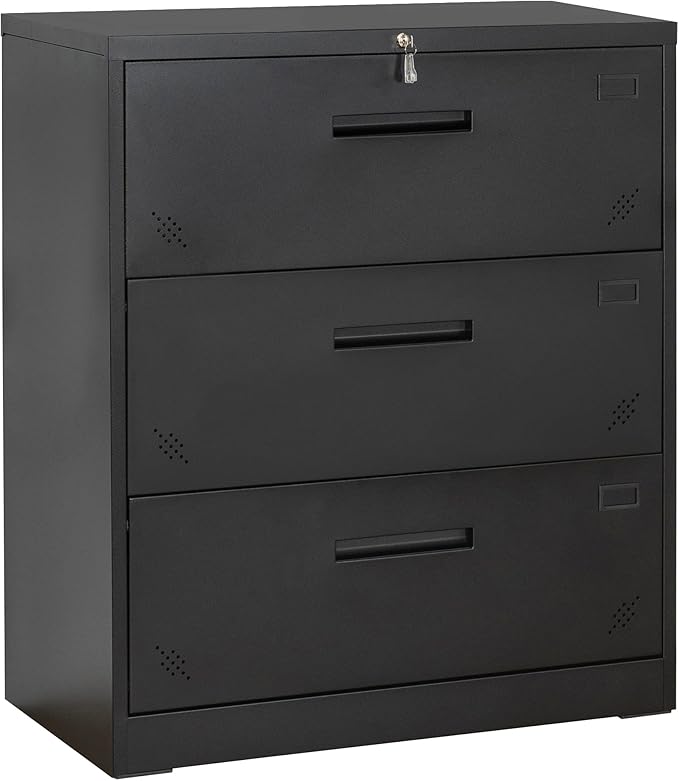 Generic 3 Drawer Lateral Filing Cabinet for LegalLetter A4 Size Large Deep Drawers Locked by Keys Locking Wide File Cabinet for Home Office Metal Steel Black