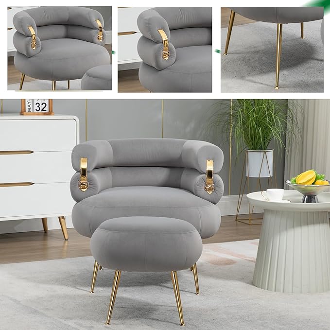 Single Sofa Chair Velvet Accent Chair with Ottoman Round Sofa Chair Modern Barrel Chair with Gold Buckle and Leg for Living Room Bedroom Waiting Room Small Spaces (Gray)