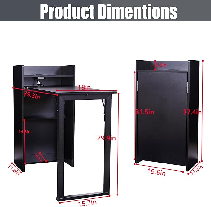 Fold Out Desk with Storage and Built-in Outlet Mid Century Foldable Desk for Small Spaces Hidden Folding Table for Home Office or Bedroom (Black)