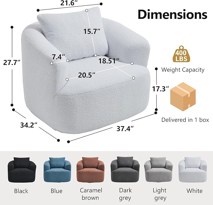 Upholstered Swivel Barrel Chair 31 Wide Modern Fabric Ergonomics Single Sofa Chair Living Room Bedroom Accent Chair Comfy Club Swivel Chair (White)