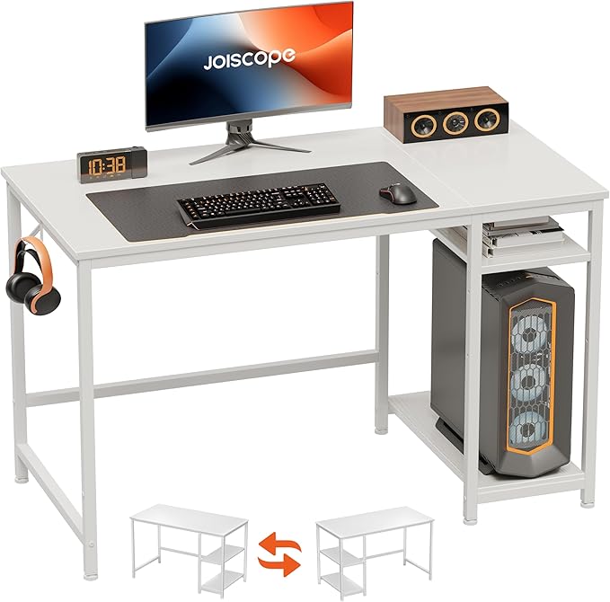 JOISCOPE Home Office Desk with Double Reversible Side Shelves and Headphone Hooks Small Computer Desk for Working Gaming Studying 48 inches White