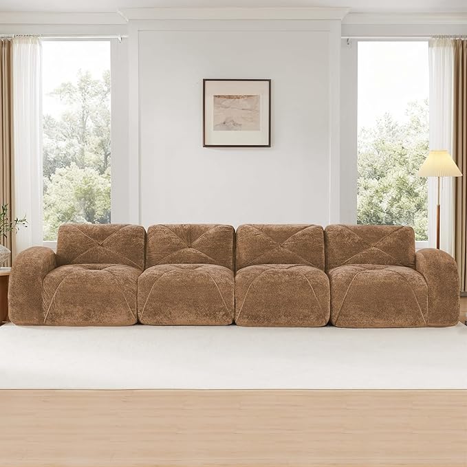 Camel 4-Seater Sectional Couches for Living Room Velvet Fabric Boneless Couch in a Box No Assembly Cloud Modular Sectional Sofa Foam Couch Compressed Sofa Set for Apartment Sofas para Sala