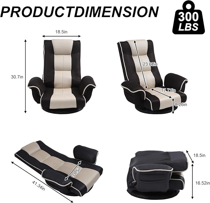 Swivel Floor Chairs for Adults Floor Gaming Chair with Extra Wide Arms Back Support 14 Angles Adjustable Comfortable Double Mesh Fabric Lazy Sofa for Video Game Chairs 201 (Black+Beige)