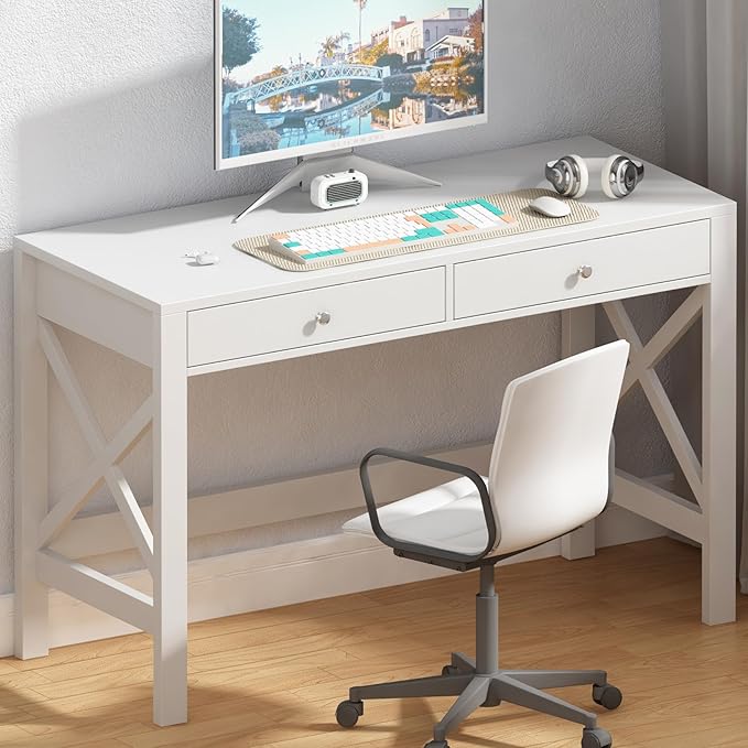 ChooChoo Computer Desk Study for Home Office Modern Simple 40 Inches Desk with Drawers Makeup Vanity Console Table White