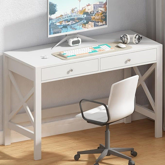 ChooChoo Computer Desk Study for Home Office Modern Simple 40 Inches Desk with Drawers Makeup Vanity Console Table White