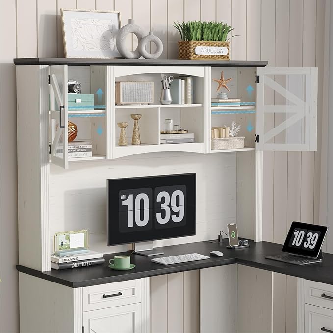 ONBRILL 72 L-Shaped Executive Desk with Hutch Farmhouse L-Shaped Computer Desk with 4 Drawers File Drawer and Power Outlet Home Office Computer Desk for Living RoomStudy Room (Off White&amp Blac