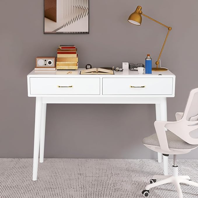 Small White Desk with 2 Drawers Modern Writing Desk for Small Spaces Home Office Desk for Study Laptop Computer Desk for Work Makeup Vanity Table for Bedroom (White)
