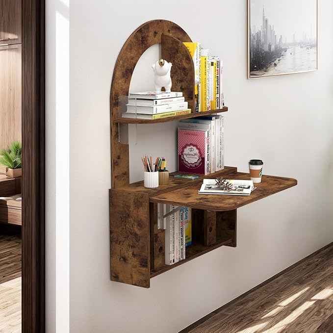 Wall Mounted Drop-Leaf Table Floating Laptop Desk Folding Table with Shelves Multifunctional Computer Workstation Storage Compartments in Home Office for Space Saving (Rustic Brown)