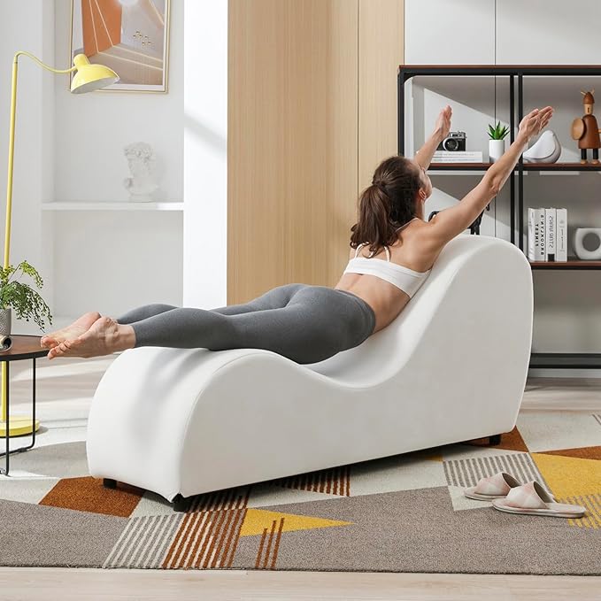BALUS 60.6 W Yoga Sofa Chaise Lounge Chair for Adults Ergonomic S-Shape Yoga Chairs Indoor for Living Room Relaxing Modern Velvet Chaise Lounges Chair for Small Space Stretching Exercising - Beige