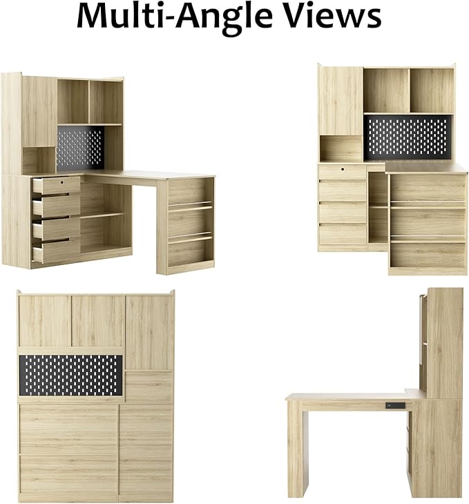 L Shaped Desk with Hutch Wooden Home Office Desk with 4 Drawers Storage Cabinet Charging Station Corner Writing Computer Desk(Right Side Desk Wood)