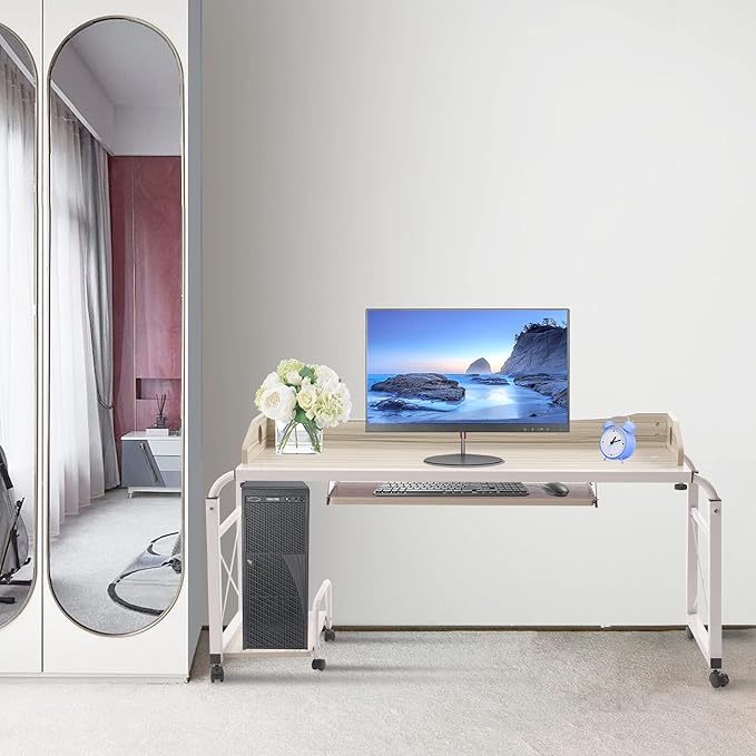 83 in-Lenght Height Adjustable Standing Desk Rolling Laptop Computer Desk with Wheels Storage Cabinets Mobile Computer Table Bed Desk Rising Table Writing Work Station for Home Office Study