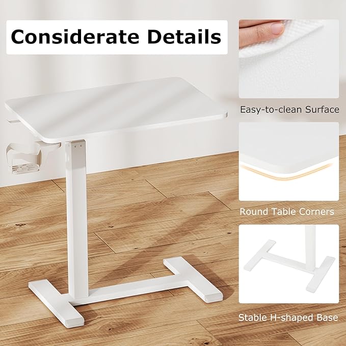 Tangkula Mobile Standing Desk Pneumatic Height Adjustable Rolling Desk with Cup Holder &amp Headphone Hook Overbed Table with Hidden Wheels Laptop Computer Cart for Couch Home Office (White)
