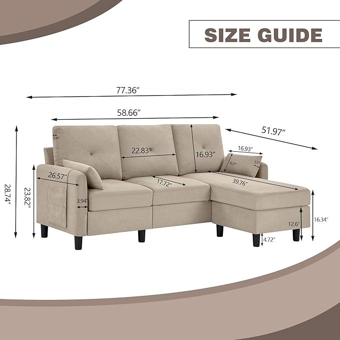 Small Sectional Sofa Convertible Sectional Sofa with Reversible Chaise Modern 3 Seat L-Shaped Sofa Couches for Living Room Apartment Office Beige