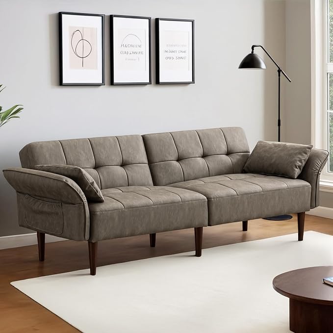 Futon Sofa Bed Sleeper Sofa Small Couch with Storage Adjustable Armrests Pillows Faux Leather Loveseat Mid Century Modern Couches for Living Room Bedroom Apartment Grey