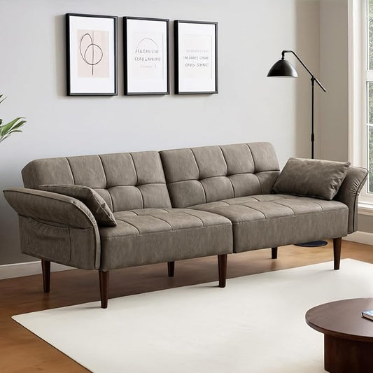 Futon Sofa Bed Sleeper Sofa Small Couch with Storage Adjustable Armrests Pillows Faux Leather Loveseat Mid Century Modern Couches for Living Room Bedroom Apartment Grey
