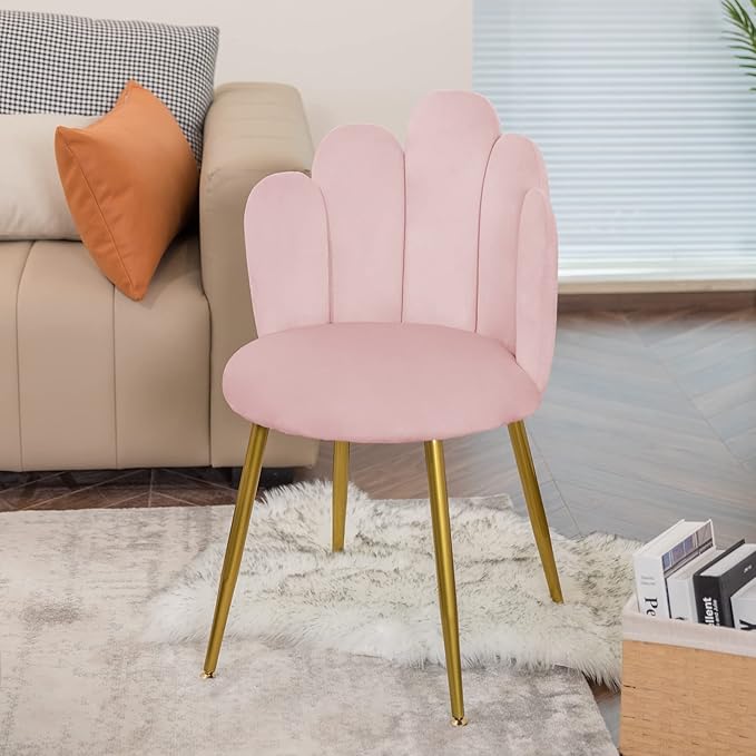Vanity Chair for Makeup Room - Midcentury Modern Accent Velvet Chair with Back Support Gold Legs for Living Room Bedroom (Pink)