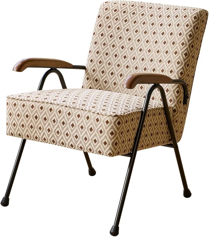 Corduroy Fabric Armchair Modern Accent Chair with Wooden Armrests Comfy Reading Seat for Bedroom High Back Lounge Furniture for Living Room Durable Metal Legs Cream+Brown