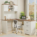 Vabches Farmhouse 68 H L Shaped Executive Desk with Hutch Computer Desk with Charging Station Corner Wood Workstation with File Drawers and Barn Doors for Home Office and Study